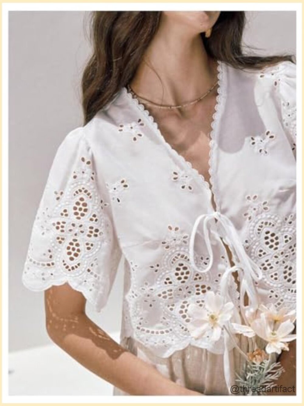 Hollow Tie Front Crop Top Ruffle Short Sleeve V Neck Blouse - Picture 3 of 5